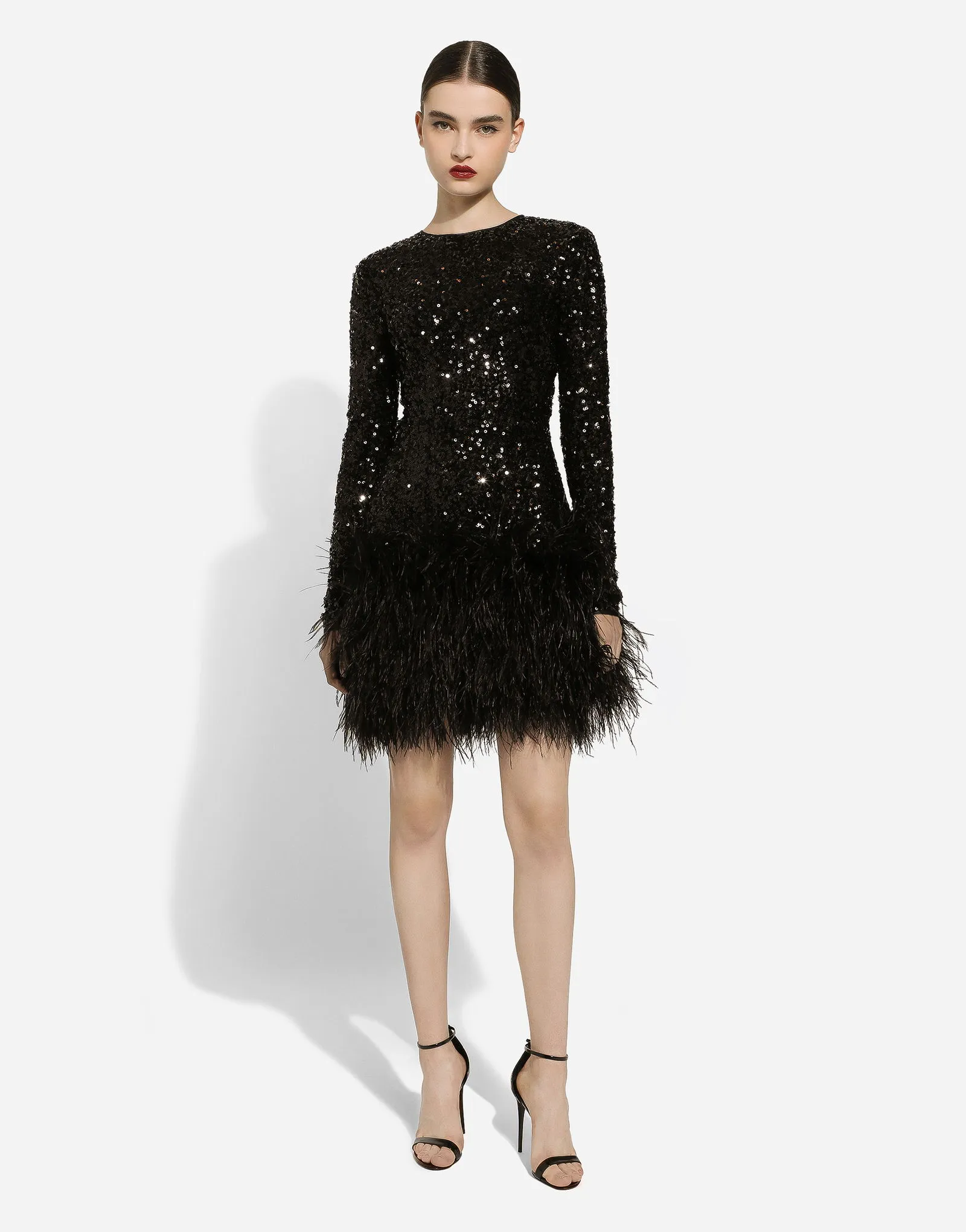 Kleid Dolce & Gabbana Sequined Mini Dress With Feather Trim F6DKSTFLUBXN0000