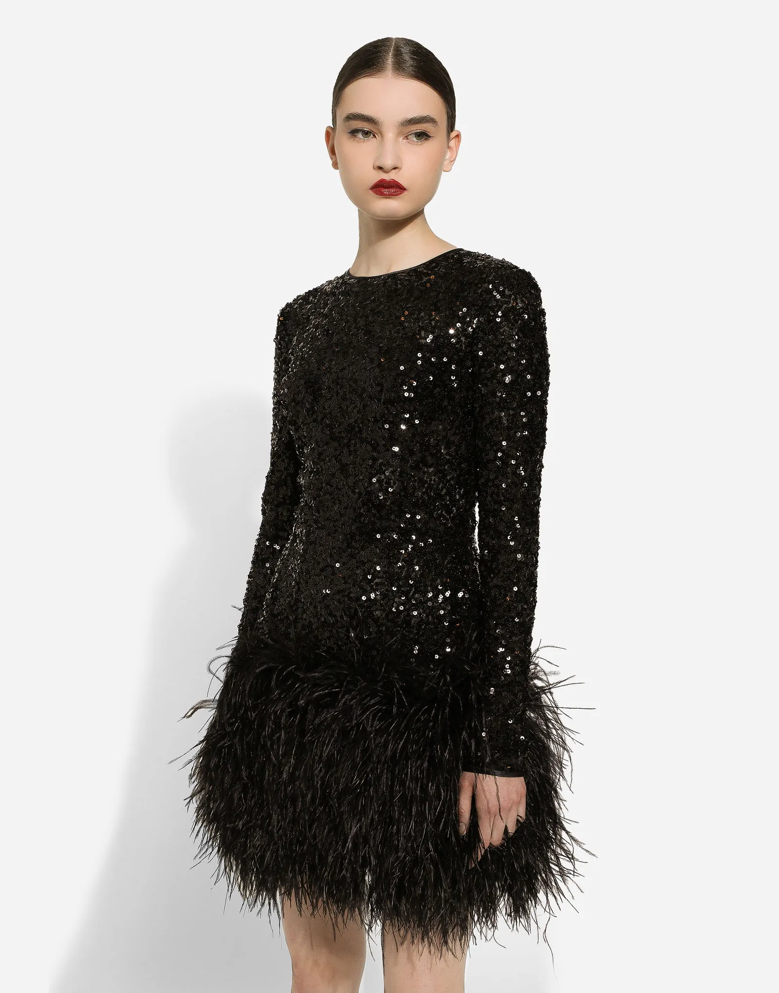 Kleid Dolce & Gabbana Sequined Mini Dress With Feather Trim F6DKSTFLUBXN0000