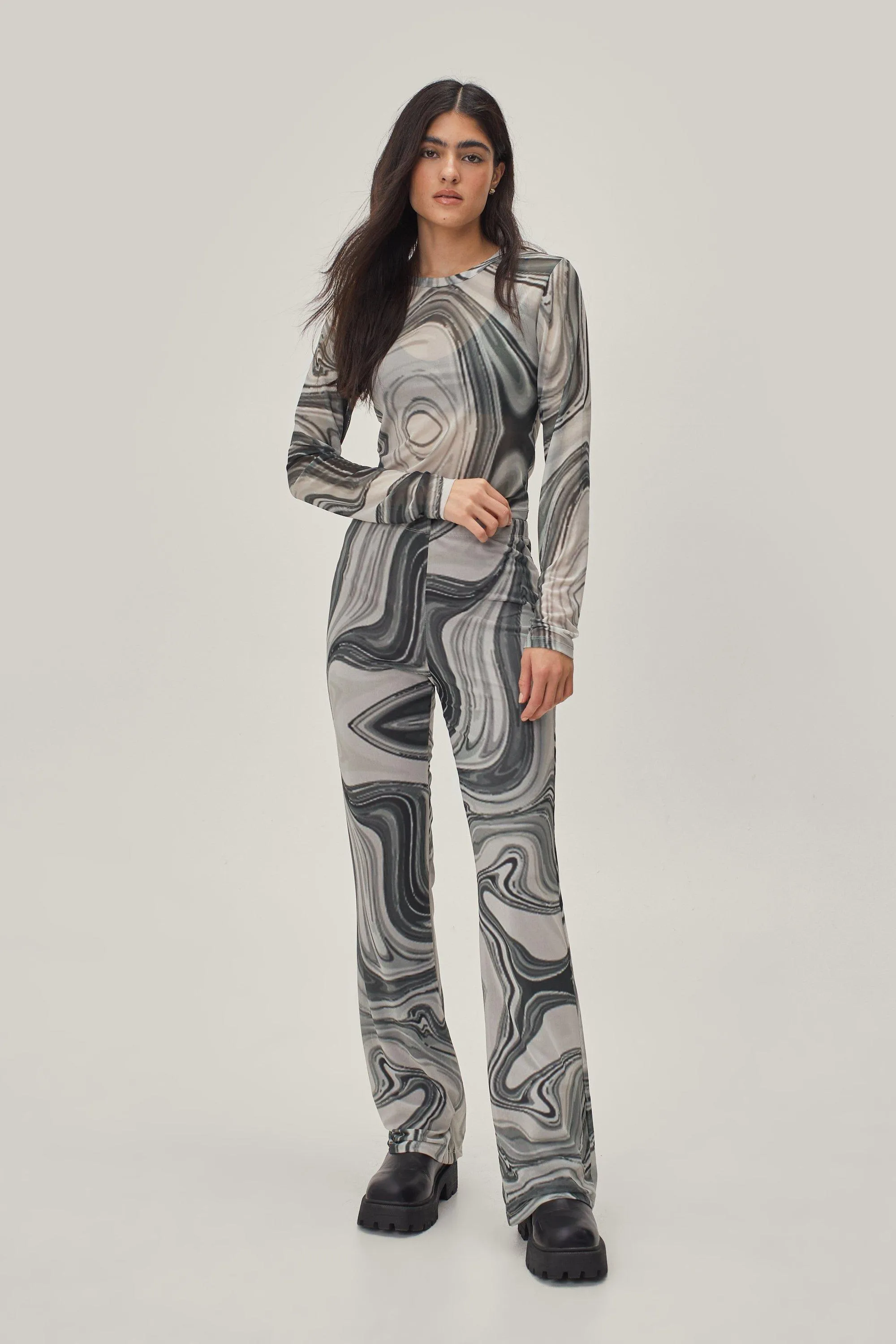 Printed Mesh High Waisted Flared Pants